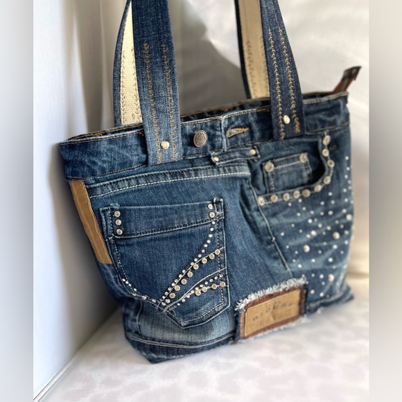 Denim bag patchwork shoulder bag upcycled jeans boho bag - Picture 7 of 10